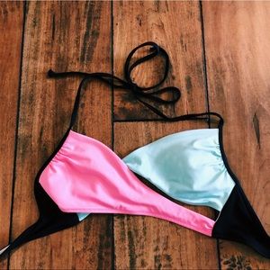 Crisscross blue and pink swim top
